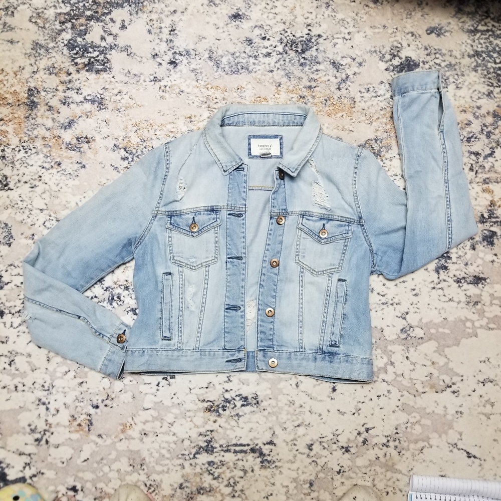 Forever 21 100% Cotton Soft Denim Light Blue Jean Distressed Button Up Jacket